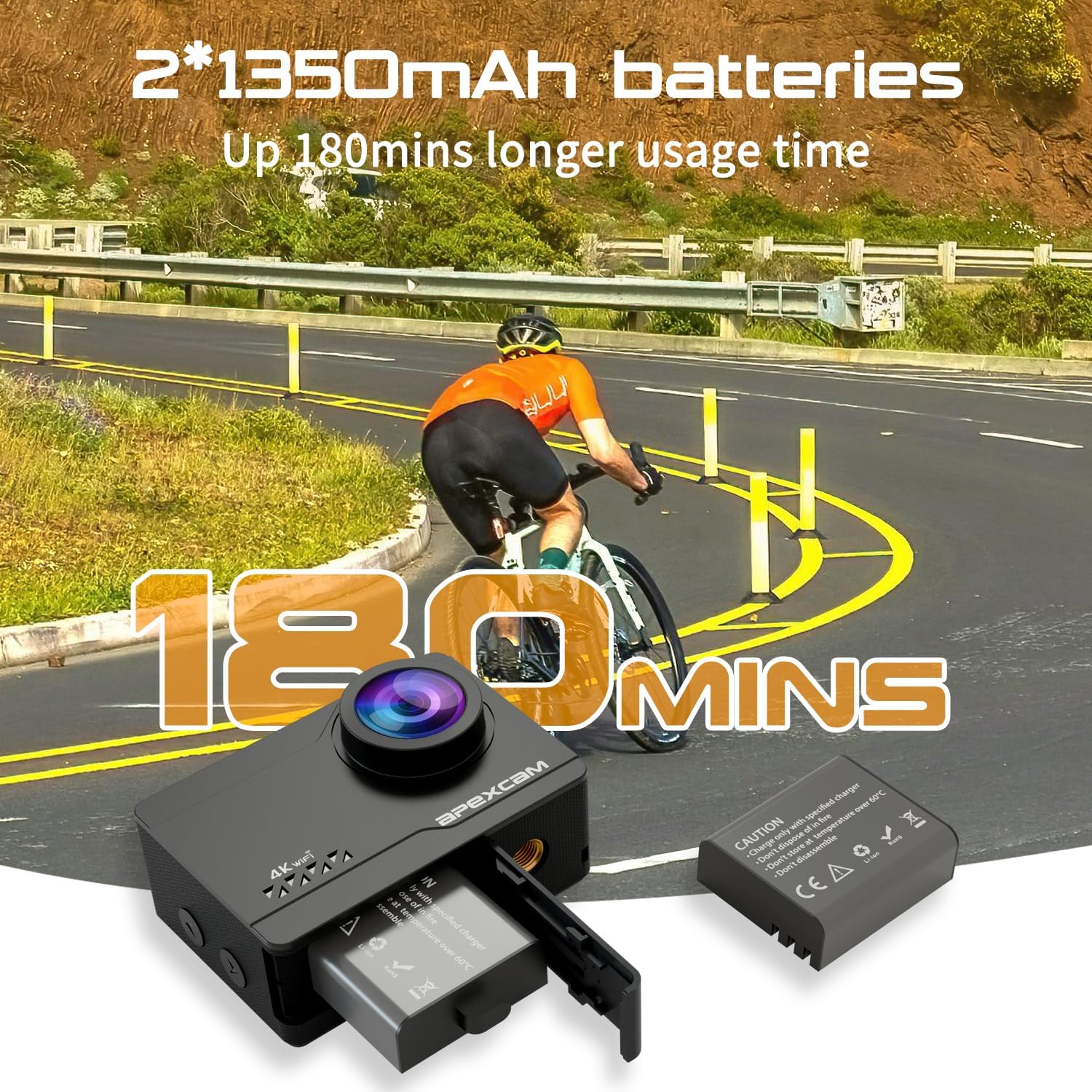 Apexcam M90 Action Camera with 64GB Card Action Cam 4K60FPS 64MP WiFi EIS Image Stabilization with Touchscreen Underwater Camera 40m Waterproof 8X Zoom 2.4G Remote Control 2x1350mAh - Image 8