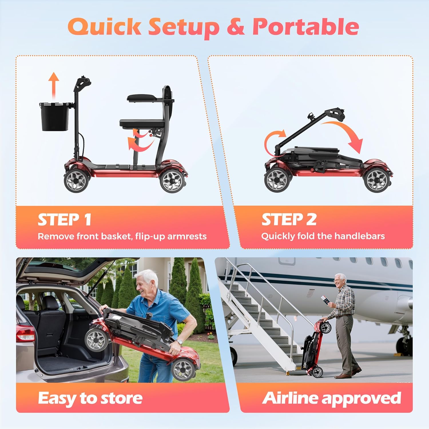 Lightweight Mobility Scooter for Seniors & Adults - Cruise & Airport Approved, 43lb Foldable Portable Motorized Scooters with Removable Lithium Battery for 12.4 Miles Travel, 300lb Capacity, Red - Image 6