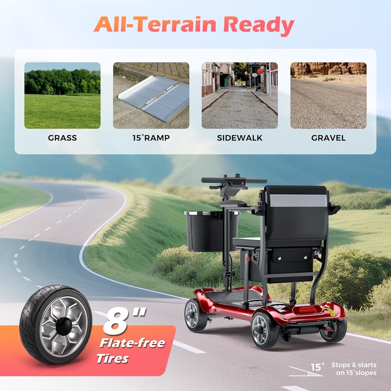 Lightweight Mobility Scooter for Seniors & Adults - Cruise & Airport Approved, 43lb Foldable Portable Motorized Scooters with Removable Lithium Battery for 12.4 Miles Travel, 300lb Capacity, Red - Image 8