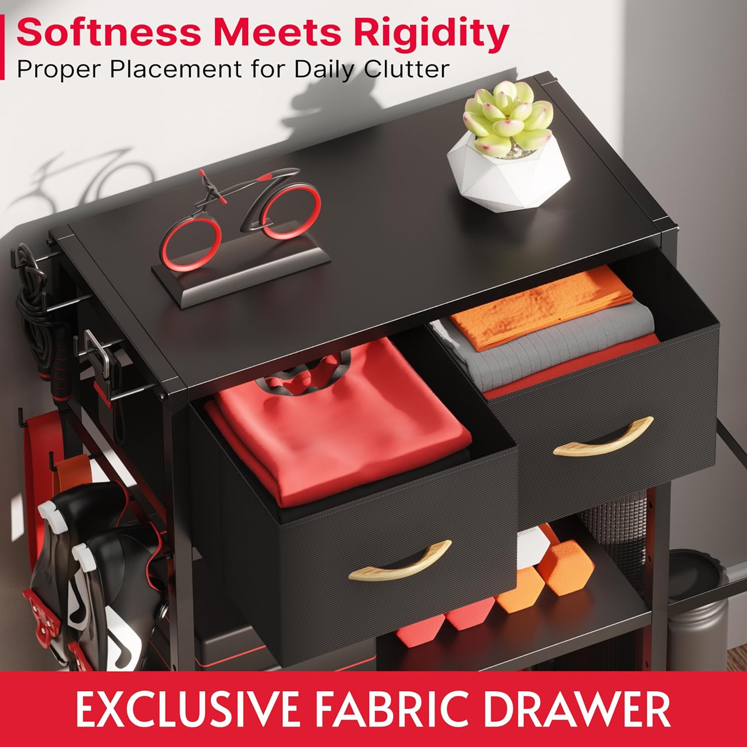 Home Gym Storage Shelf Stand Only, Adjustable Weight Rack for Dumbbells Plus Extra Upper Drawer, for Weight, Mat and Workout Equipment, Large Capacity Gym Organizer with 4-Tier, Easy-assembly - Image 3