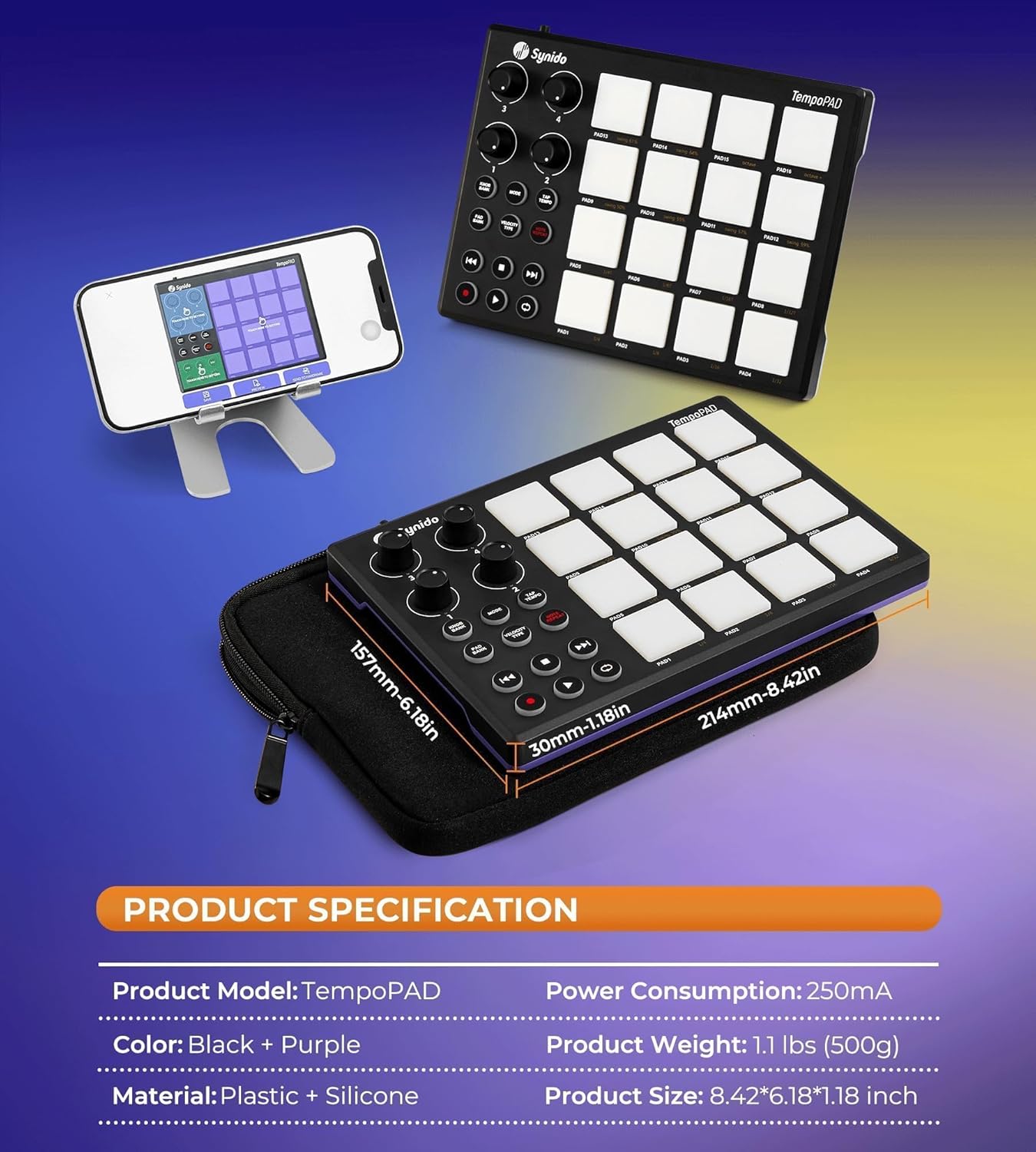 Synido TempoPAD Midi Controller Beat Maker Machine for Music Production, Portable USB MIDI Beat Pad Controller for Beginners with Durable Carrying Bag, 16 Backlit Beat Pad, 4 Assignable Knob - Image 8
