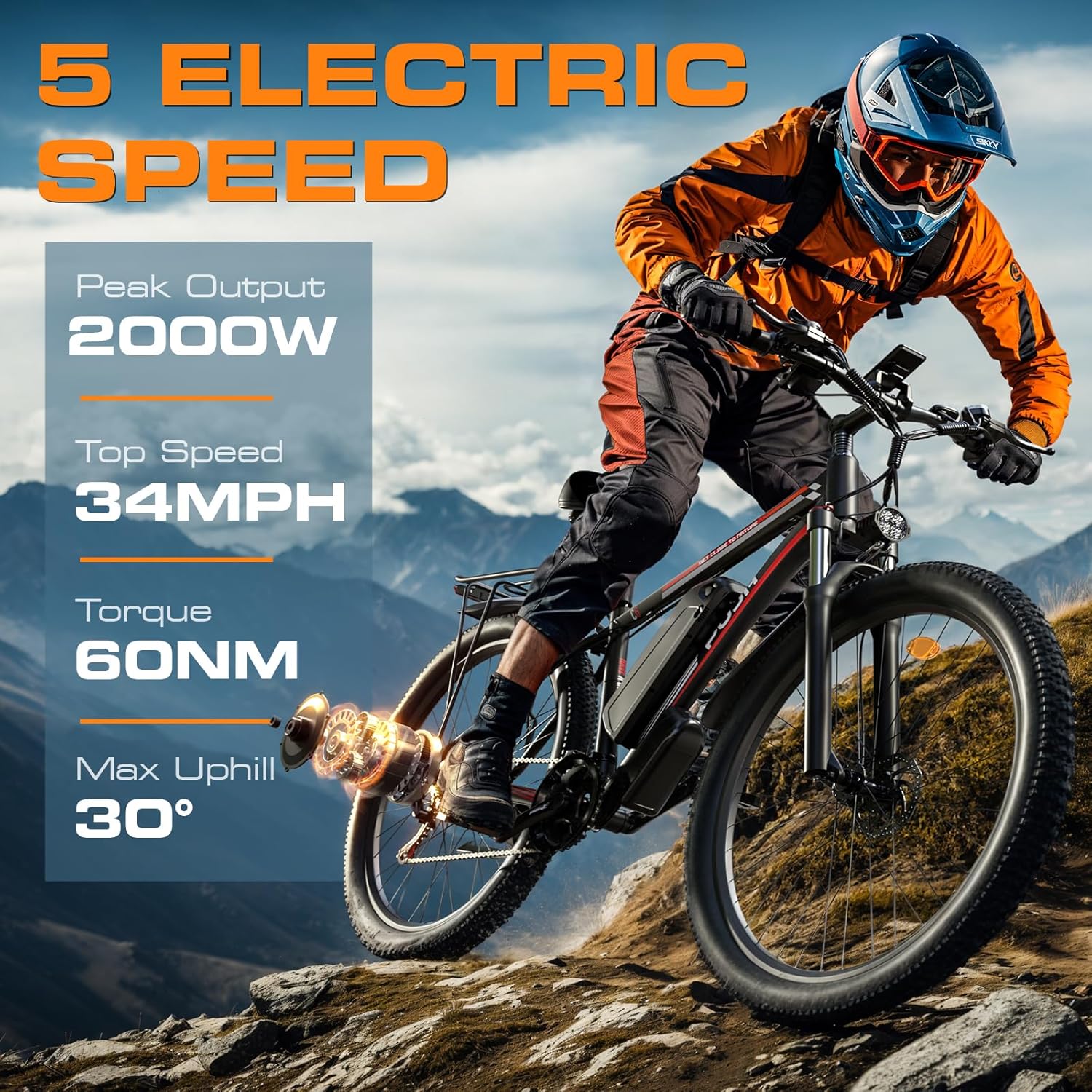 2000W Electric Bike for Men Women 48V 17.5Ah Battery, 29'' Fast Ebike,Max 34 Mph to 80 Miles, Front Suspension Class 3, Snow Off Road Commuter Mountain E-Bike for Adults - Image 2