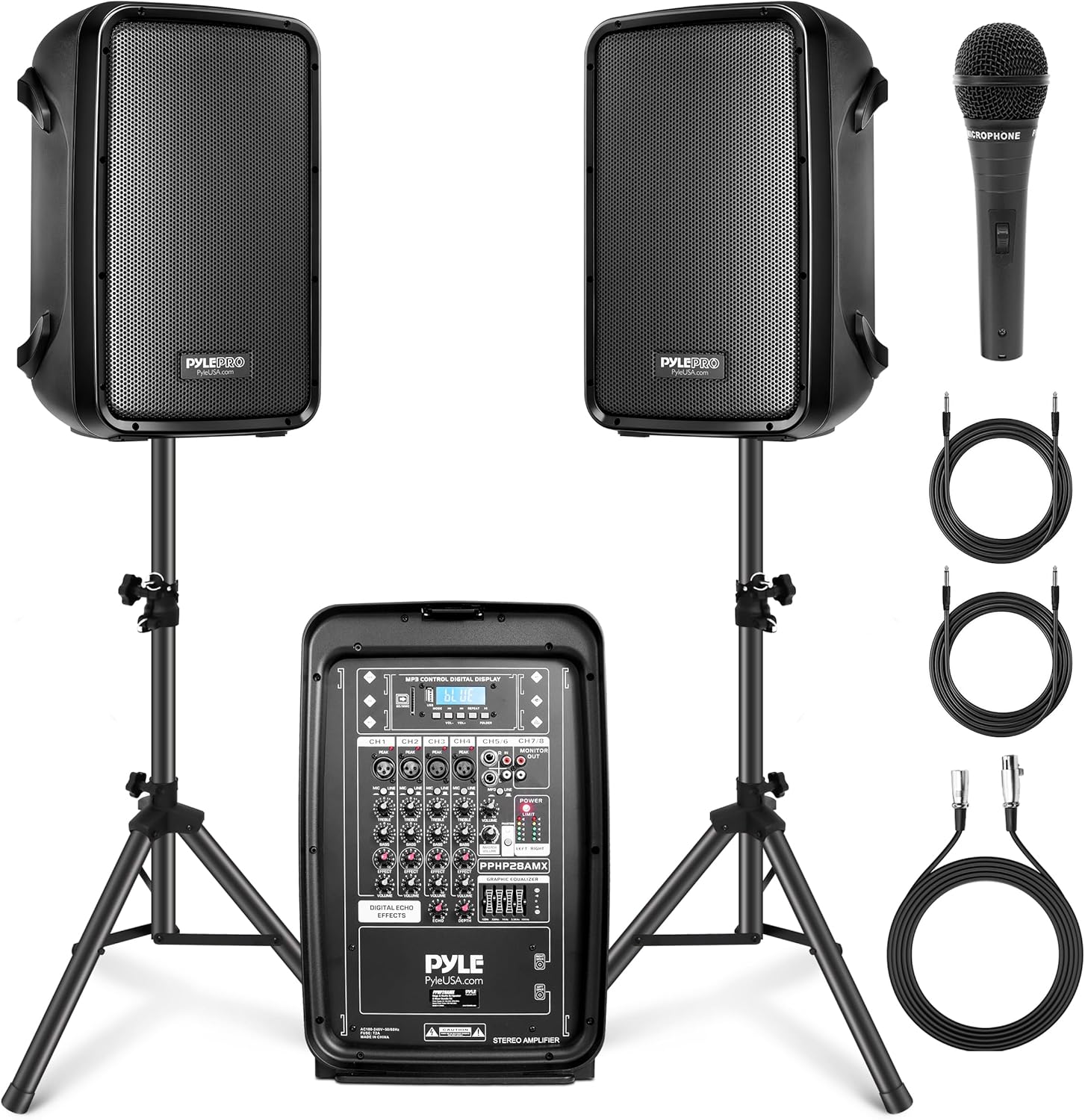 Pyle PA Speaker DJ Mixer Bundle - 300 W Portable Wireless Bluetooth Sound System w/ USB SD XLR 1/4" RCA Inputs - Dual Speaker, Mixer, Microphone, Stand, Cable - Home/Outdoor Party - PPHP28AMX,Black