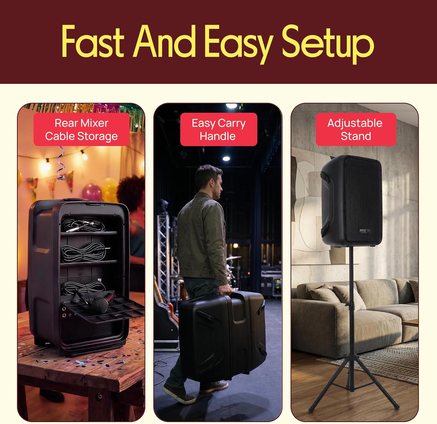 Pyle PA Speaker DJ Mixer Bundle - 300 W Portable Wireless Bluetooth Sound System w/ USB SD XLR 1/4" RCA Inputs - Dual Speaker, Mixer, Microphone, Stand, Cable - Home/Outdoor Party - PPHP28AMX,Black - Image 6