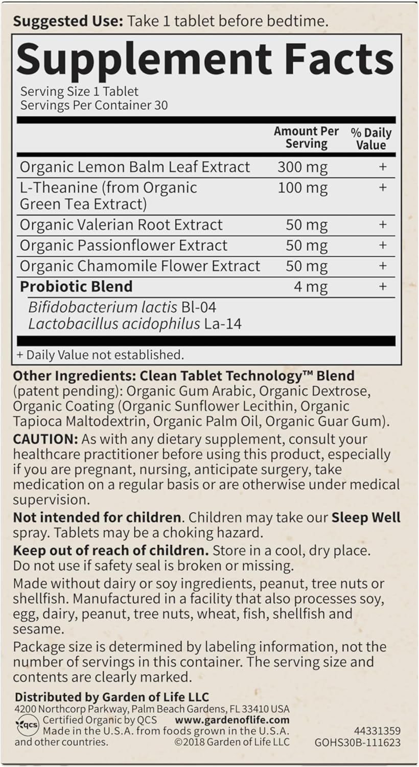 Garden of Life Organics Sleep Well Rest & Refresh Tablets with Lemon Balm, Green Tea Extract, Chamomile & Probiotics – Support for Restful Sleep & Relaxation, Non-GMO, Gluten-Free, Vegan, 30 Tablets - Image 10