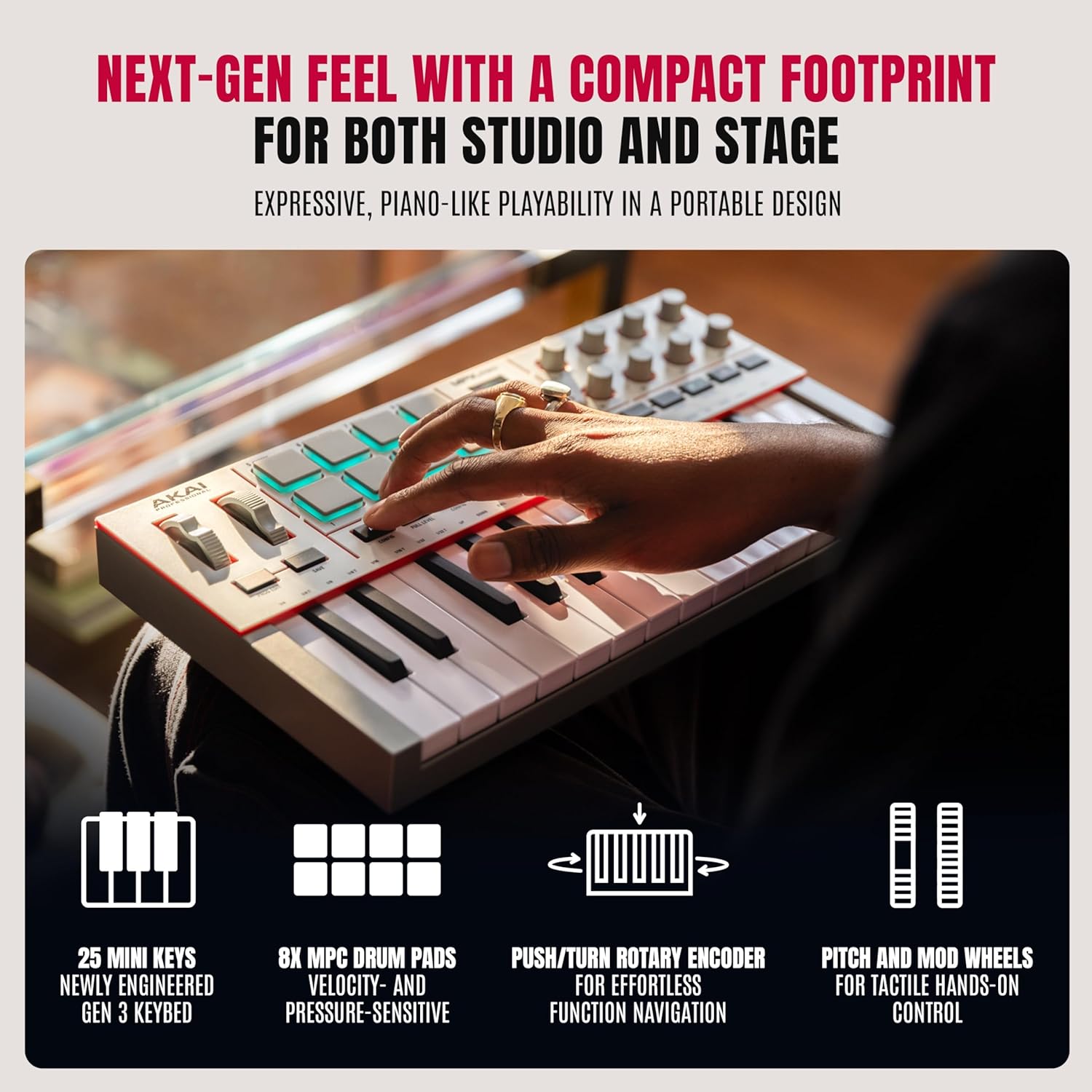 Akai Professional MPK Mini IV USB-C MIDI Keyboard Controller for Beginners and Producers - MPC Drum Pads, 360° Knobs, Pitch and Mod Wheels, Production Software, Native Instruments Sound Package, Grey - Image 3