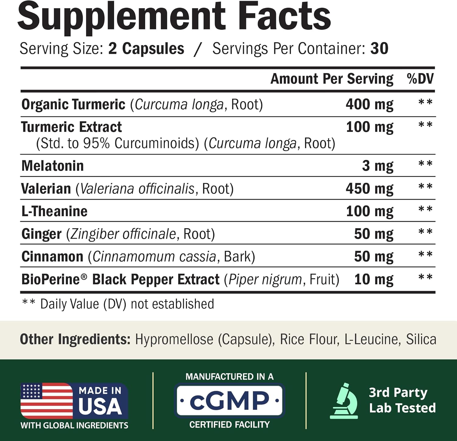 Melatonin 3mg Sleep Aid with L-Theanine & Valerian Root – Turmeric Curcumin Supplement with Ginger & Black Pepper – Organic Turmeric Supplement for Sleep, Calm and Stress Relief Support – 60 Capsules - Image 2