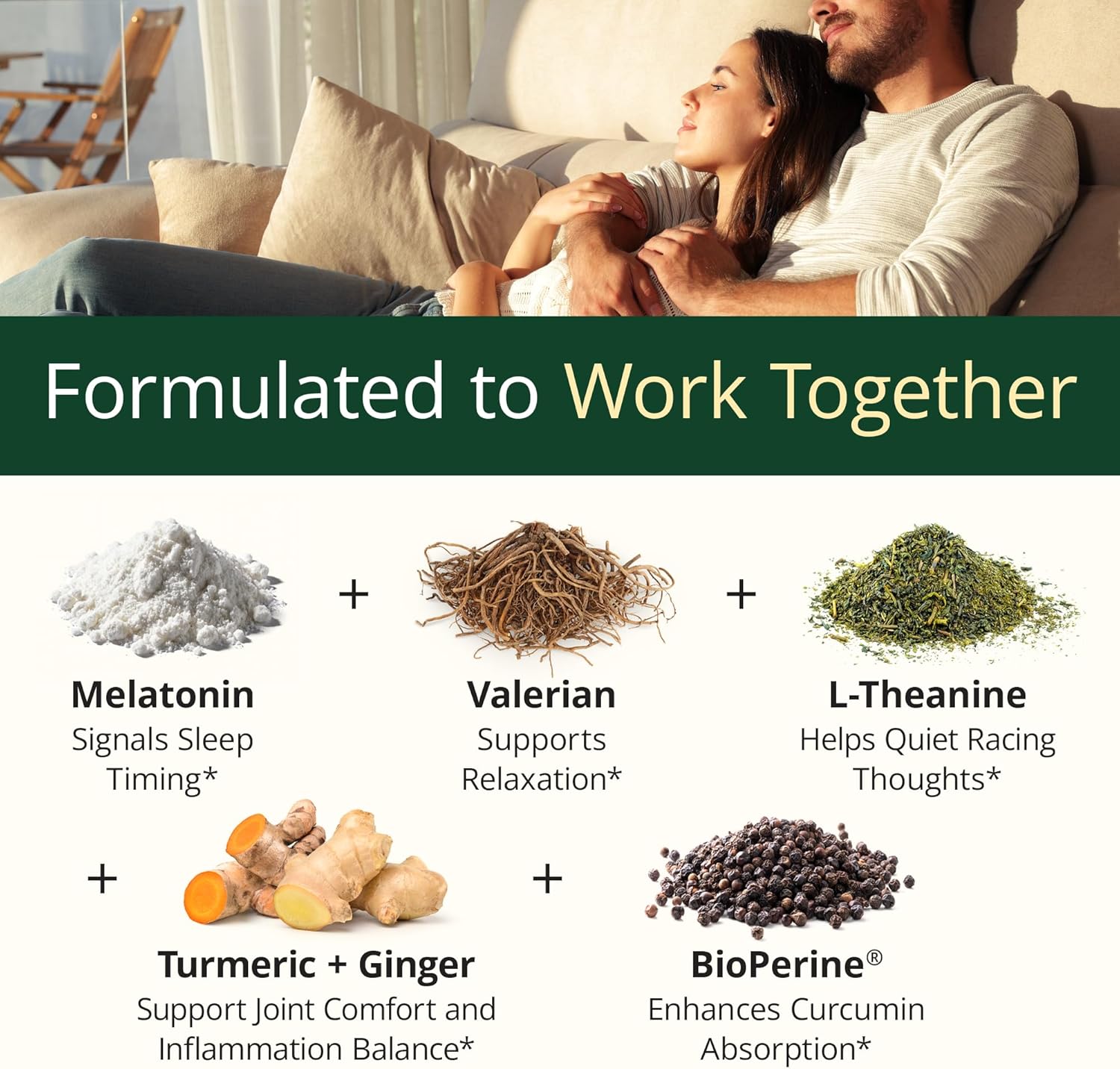 Melatonin 3mg Sleep Aid with L-Theanine & Valerian Root – Turmeric Curcumin Supplement with Ginger & Black Pepper – Organic Turmeric Supplement for Sleep, Calm and Stress Relief Support – 60 Capsules - Image 4
