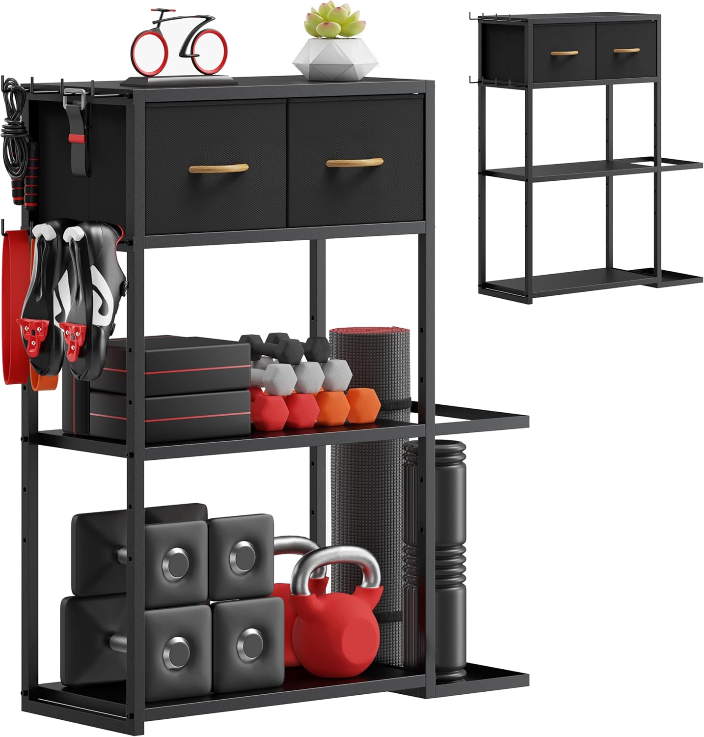 Home Gym Storage Shelf Stand Only, Adjustable Weight Rack for Dumbbells Plus Extra Upper Drawer, for Weight, Mat and Workout Equipment, Large Capacity Gym Organizer with 4-Tier, Easy-assembly