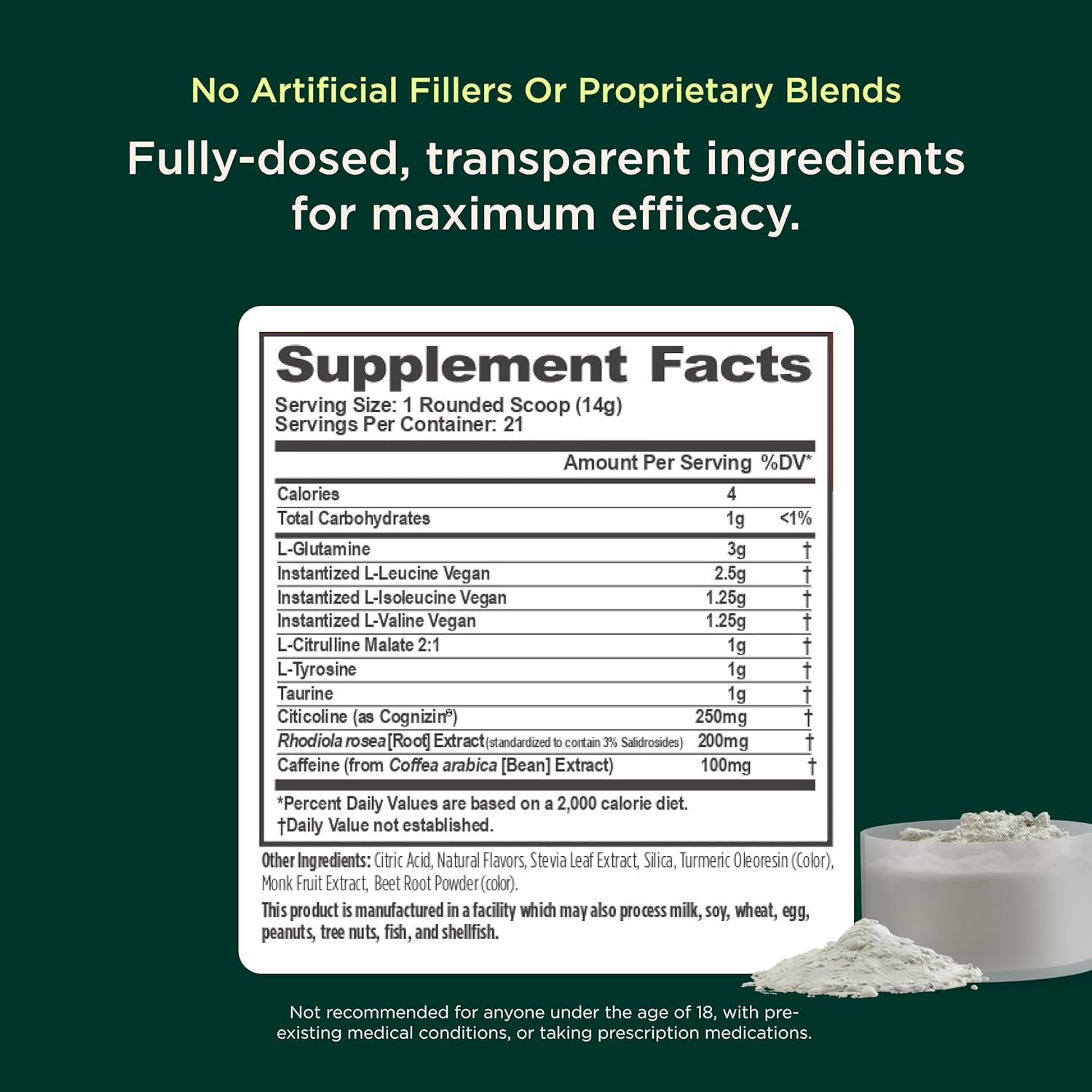 Genius BCAA Powder - 5g Vegan BCAAs L-Glutamine, Cognizin & Rhodiola Muscle Recovery Energy Support 100mg Caffeine Pre, Intra, Post-Workout Nootropic Supplement for Focus & Performance - Orange - Image 2