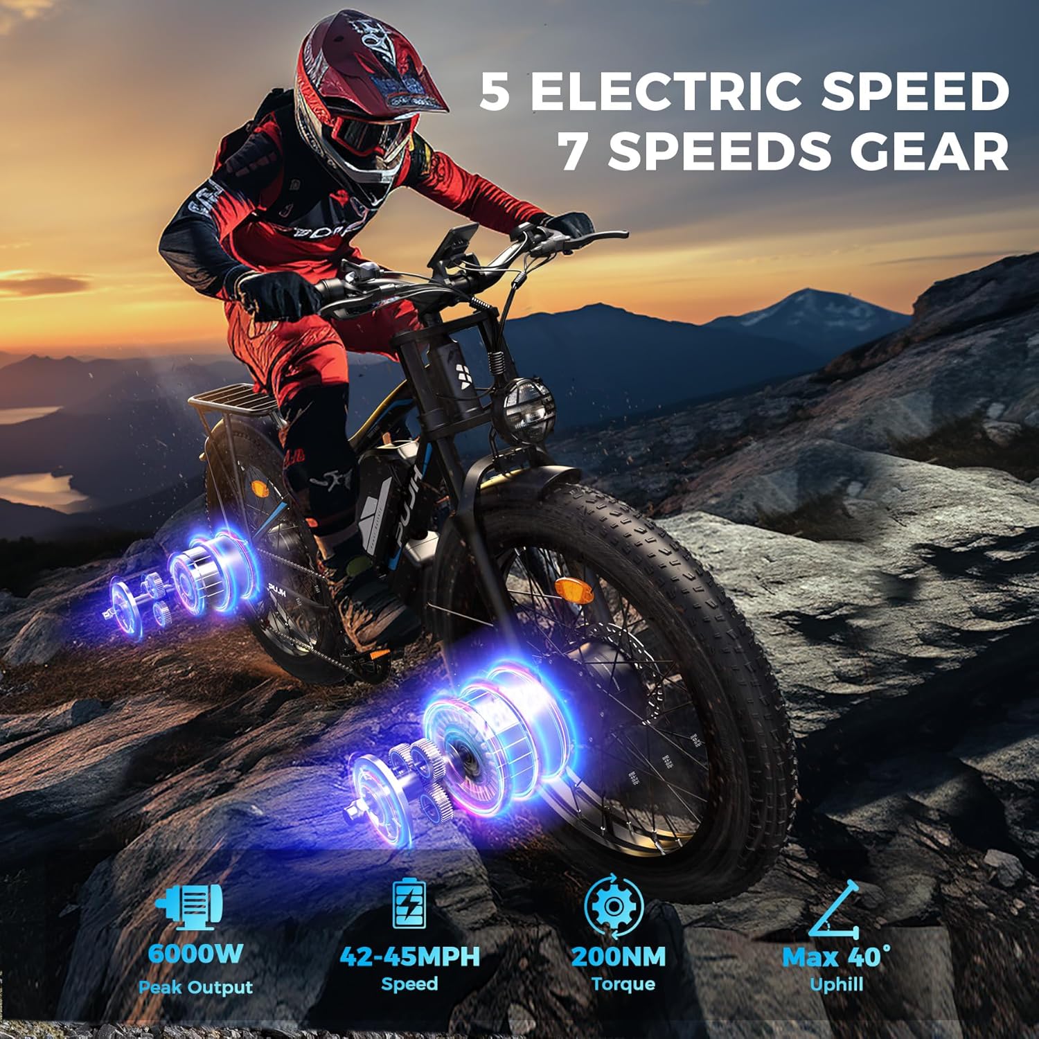 6000W Dual Motor Electric Bike, Ebikes for Adults Max 38-45MPH Up to 100 Miles Range, 60V 20Ah Removable Battery with 24/26" Fat Tire Electric Bicycles for Men Women, E-Bike for All Terrain PU2 - Image 3