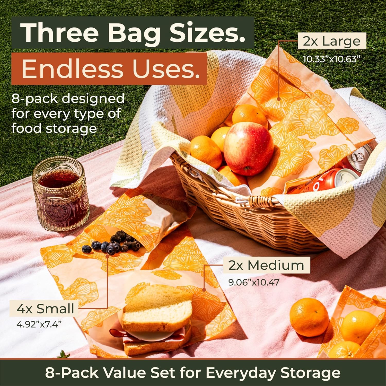 Reusable Beeswax Food Storage Bags – 8 Pack (2 Large, 2 Medium, 4 Small) | Natural Alternative to Plastic | Organic Cotton, Beeswax, Jojoba Oil - Image 4