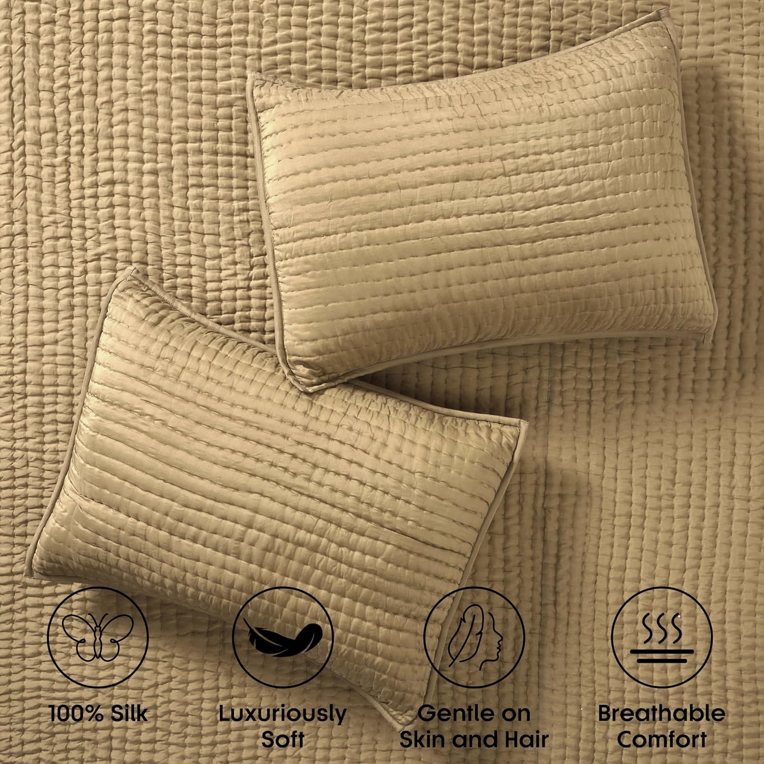 Superior 100% Silk Pick Stitch 3-Piece Quilt Set, 1 Medium Weight All-Season Coverlet, 2 Pillow Shams, Luxury Sets, Handmade Comfy Home Bedding, Cotton Fill, Bella Collection, King Size, Light Brown - Image 4