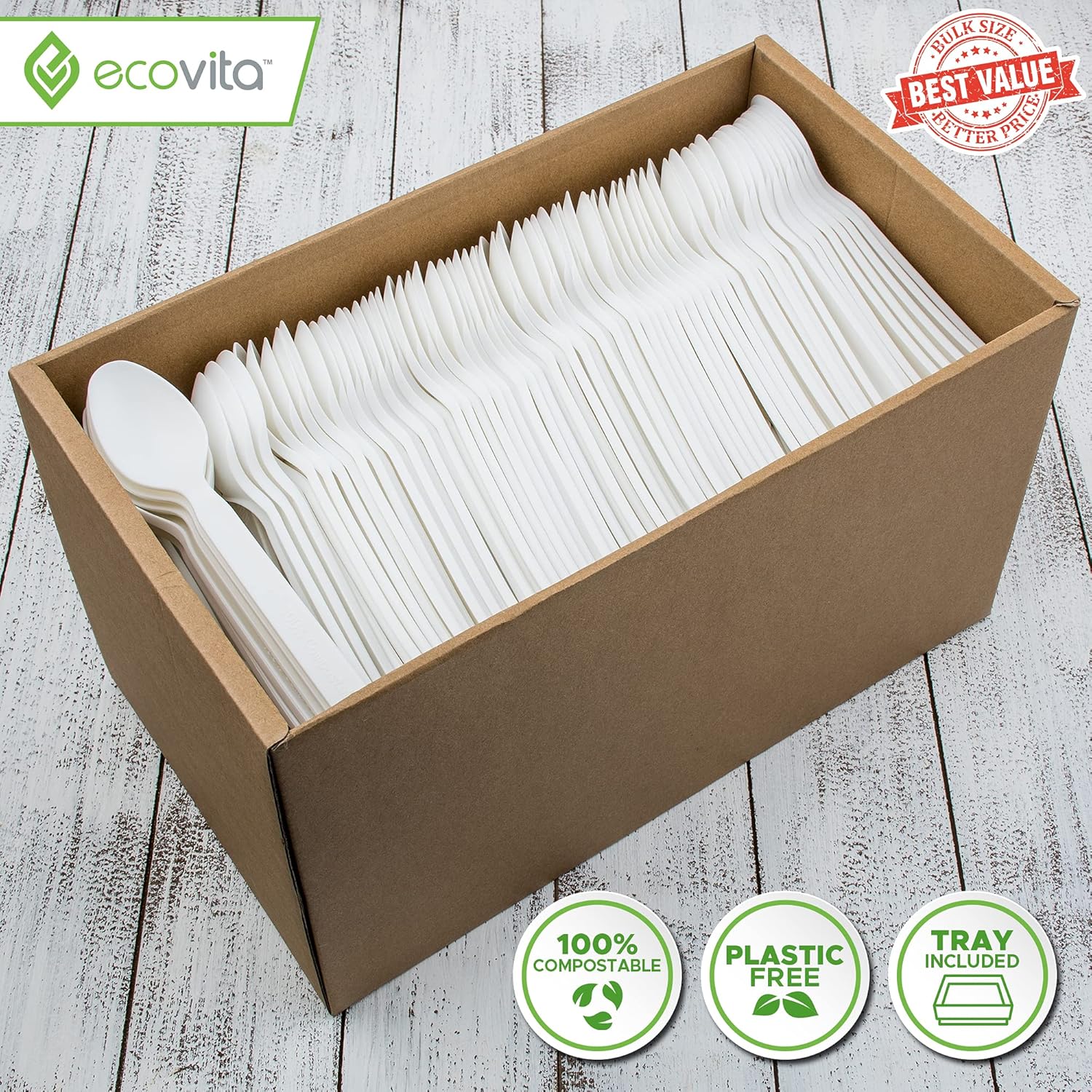 Ecovita 100% Compostable Spoons - 500 Large Disposable Utensils (6.5 in.) Bulk Size Eco Friendly Durable and Heat Resistant Alternative to Plastic Spoons with Convenient Tray - Image 2