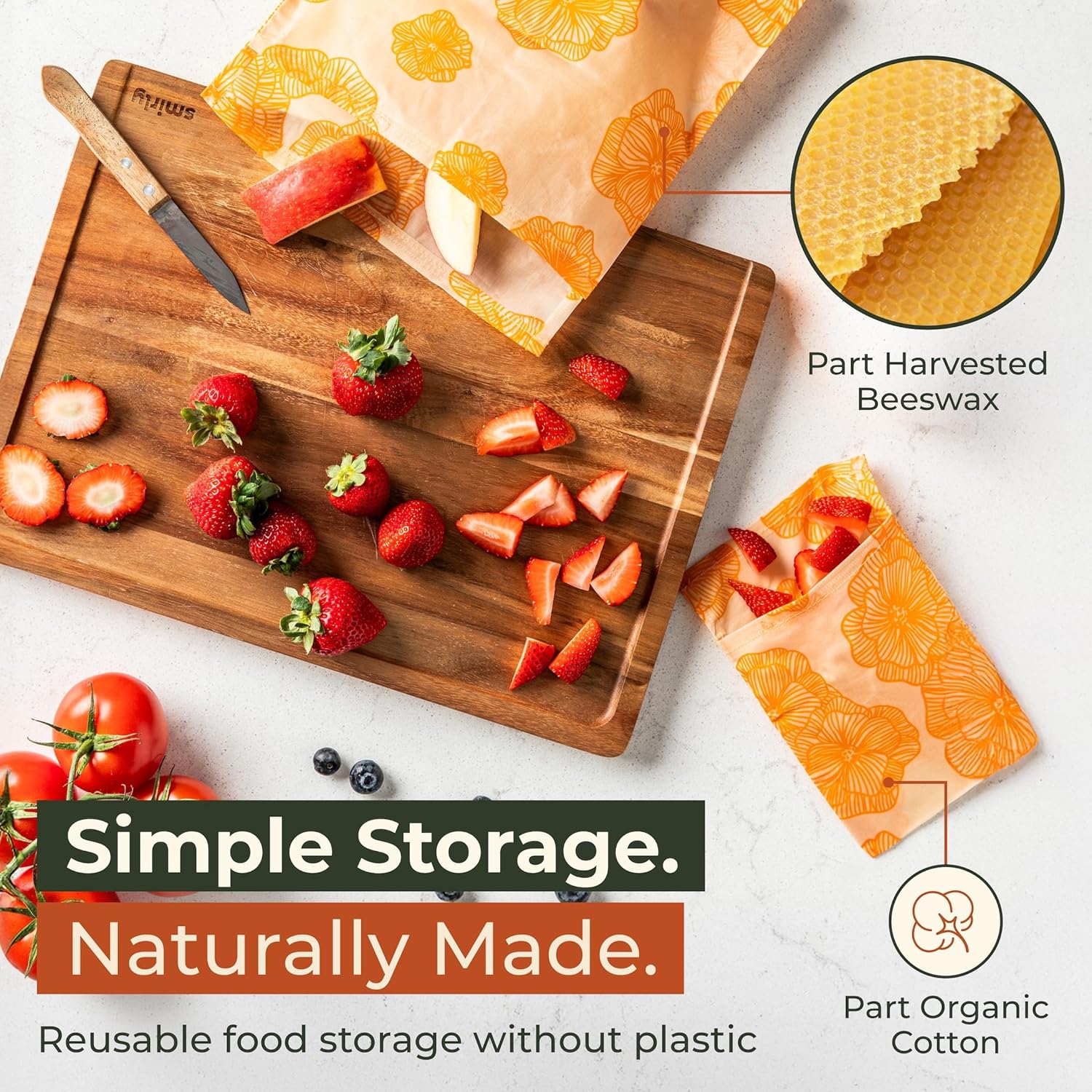 Reusable Beeswax Food Storage Bags – 8 Pack (2 Large, 2 Medium, 4 Small) | Natural Alternative to Plastic | Organic Cotton, Beeswax, Jojoba Oil - Image 5