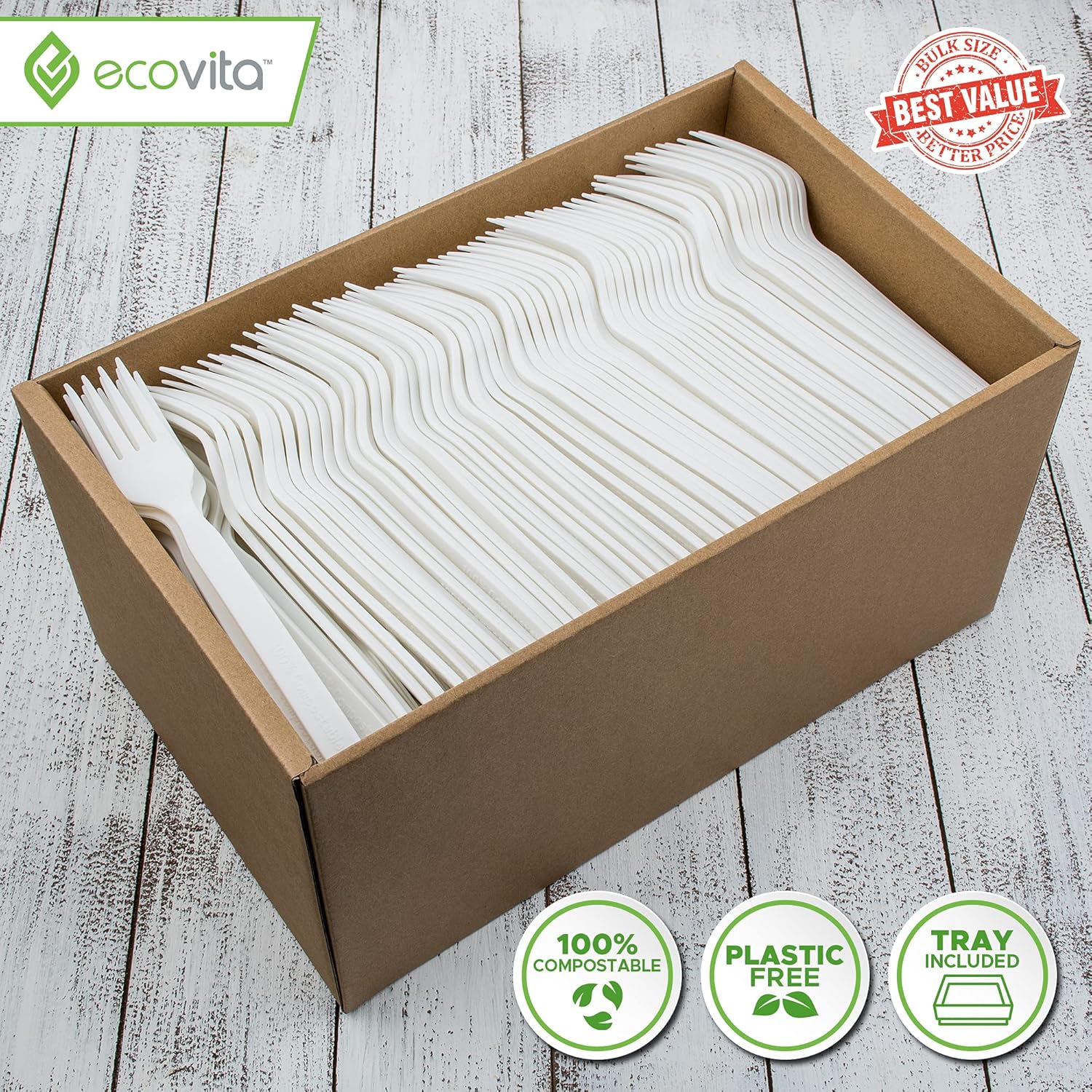 Ecovita 100% Compostable Forks - 500 Large Disposable Utensils (7 in.) Bulk Size Eco Friendly Durable and Heat Resistant Alternative to Plastic Forks with Convenient Tray - Image 2