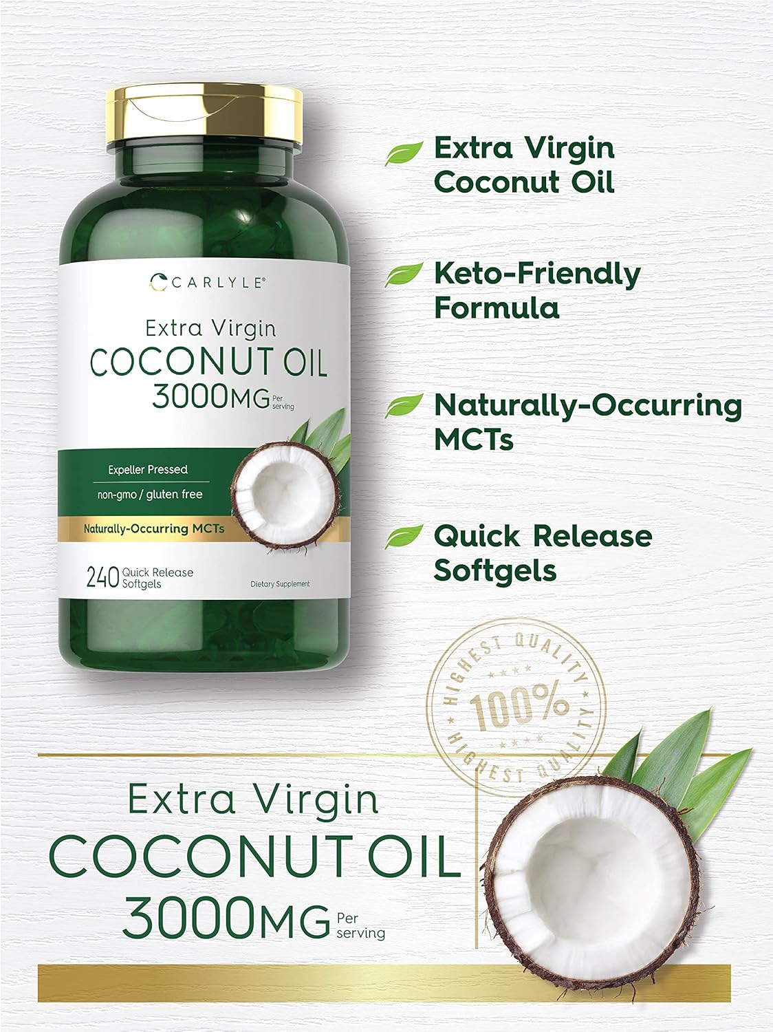 Carlyle Coconut Oil Extra Virgin Softgel Capsules | 3000mg | 240 Count | Naturally Occurring MCTs | Non-GMO and Gluten Free Supplement - Image 3